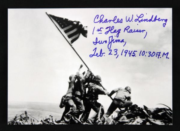 1990s Charles W. Lindbergh Iwo Jima Flag Raiser Signed 3" x 5" Photo (JSA)