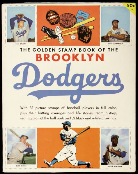 1955 Brooklyn Dodgers Golden Stamp Book w/ 32 Unused Stamps Including Jackie Robinson, Roy Campanella, Sandy Koufax & More