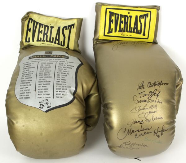 1980s Everlast Signed Oversized Hall of Fame Golden Boxing Gloves w/ 10 Signatures Including Marvelous Marvin Hagler, Carmen Basilio, Kid Gavilan & More (JSA)