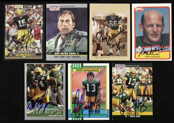 1989-96 Green Bay Packers Signed Football Card Collection - Lot of 7 w/ Bart Starr, Ray Nitschke, Sterling Sharpe & Chris Jacke (JSA)
