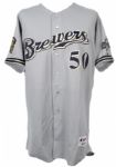 2001 Everett Stull Milwaukee Brewers Team Issued Road Jersey w/ 1 Year Home to Heroes Patch (MEARS LOA)