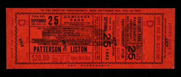 1962 Floyd Patterson vs. Sonny Liston Comiskey Park Heavyweight Title Bout Ticket