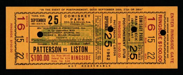 1962 Floyd Patterson vs. Sonny Liston Comiskey Park Heavyweight Title Bout Ticket