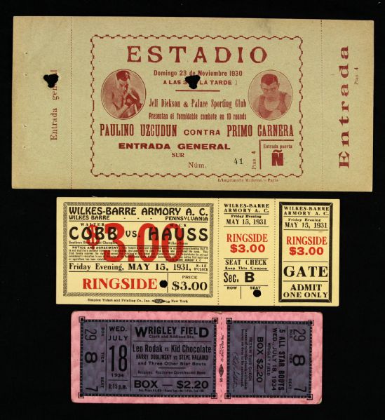 1930-44 Boxing Ticket Collection - Lot of 17 w/ Primo Carnera, Kid Chocolate, Tiger Fox & More