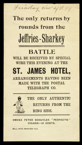 1899 James Jeffries vs. Tom Sharkey Heavyweight Title Bout Telegraph Results Handbill