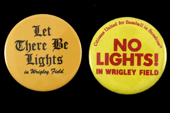 1987 Chicago Cubs Wrigley Field Let There Be Light & No Lights 2.25" Pinback Buttons - Lot of 2
