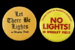 1987 Chicago Cubs Wrigley Field Let There Be Light & No Lights 2.25" Pinback Buttons - Lot of 2