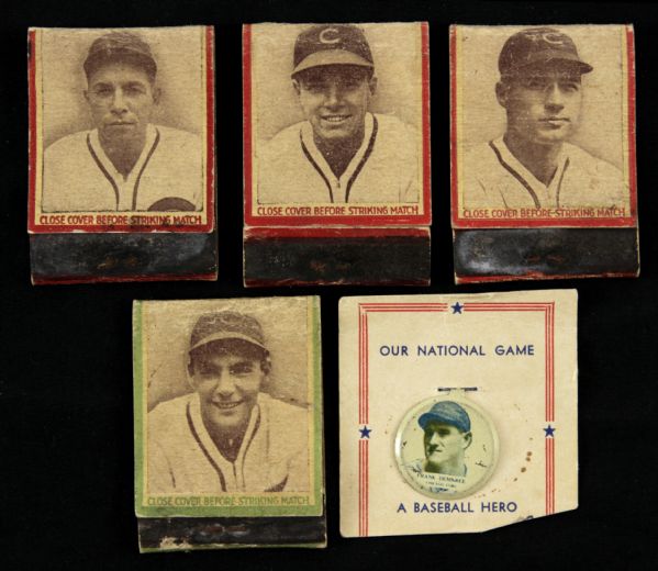 1937 Chicago Cubs Matchbook & Lapel Pin Collection - Lot of 5 w/ Phil Cavarretta, Frank Demaree, Linus Frey & More