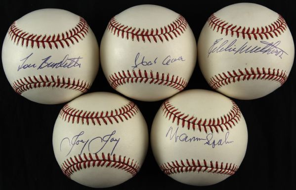 1989-93 Milwaukee Braves Single Signed ONL White Baseballs - Lot of 5 w/ Hank Aaron, Warren Spahn, Eddie Mathews & More (JSA)