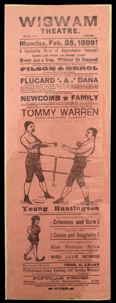 1889 6" x 18" Broadside Tommy Warren vs. Young Huntington Wigwam Theatre