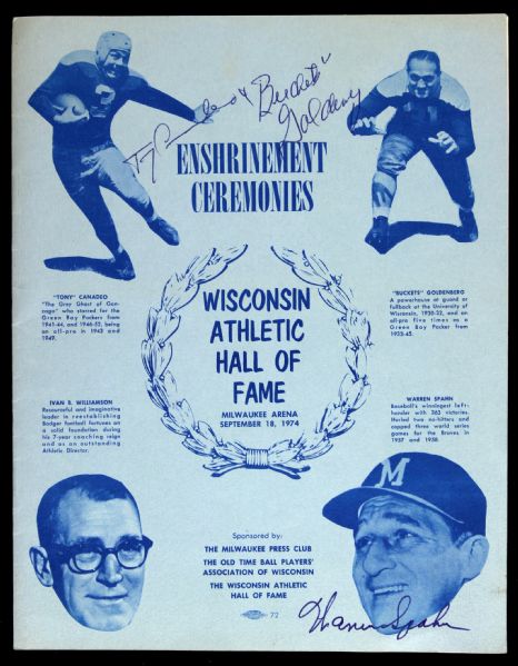 1974 Tony Canadeo Warren Spahn Buckets Goldenberg Signed Wisconsin Athletic Hall of Fame Enshrinement Program (JSA)