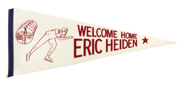 1980 Eric Heiden 5 Time Olympic Gold Medalist Full Size 29" Welcome Home Pennant