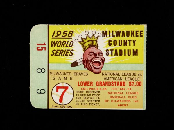 1958 Milwaukee Braves New York Yankees County Stadium World Series Game 7 Ticket Stub