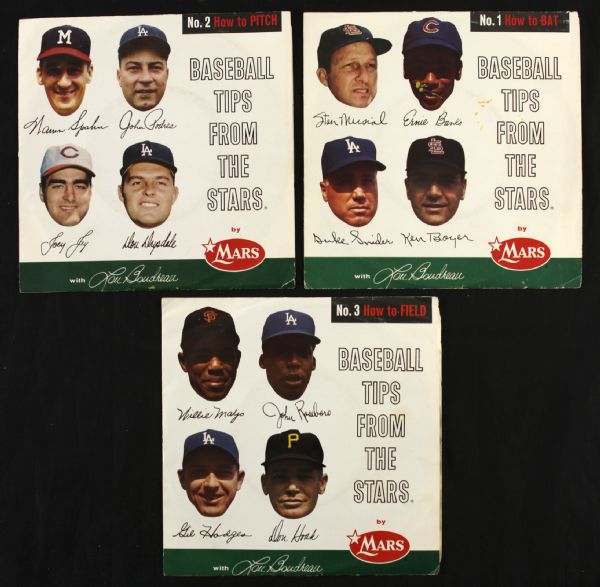 1962 Mars Candy Baseball Tips From the Stars Records - Full Set of 3 w/ Willie Mays, Warren Spahn, Stan Musial & More