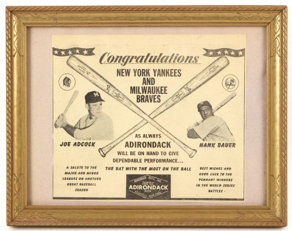 1957-58 Joe Adcock Milwaukee Braves Hank Bauer New York Yankees 11" x 14" Framed Adirondack Advertisement