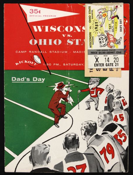 1957 Wisconsin Badgers vs. Ohio State Buckeyes Camp Randall Stadium Program Ticket Stub & Parking Pass