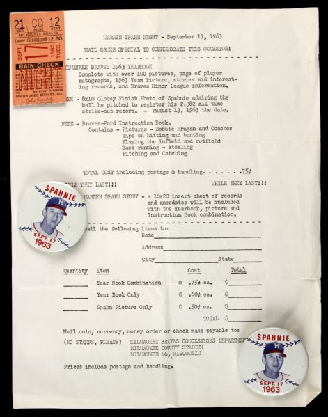 1963 Warren Spahn Night Milwaukee Braves County Stadium Pinback Buttons & Ticket Stub  