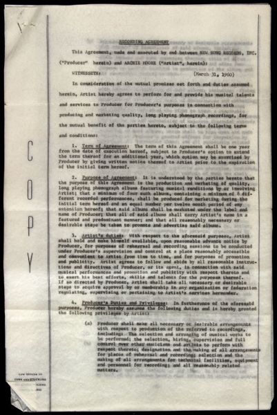 1960s Archie Moore World Light Heavyweight Champion Memorabilia Collection - Lot of 2 w/ Signed Recording Contract (JSA)