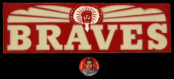 1954-58 Milwaukee Braves Memorabilia Collection - Lot of 2 w/ Bumper Sticker & Gene Conley Pinback Button