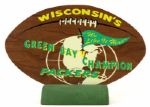 1960s Wisconsins Green Bay Champion Packers "We Like It Here" Wooden Football Display w/ Stand