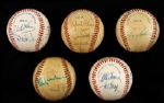 1980's Multi Clubhouse Signed OAL MacPhail/Brown Baseball Collection - Lot of 5 w/ 47 Total Signatures Including Reggie Jackson, Dave Winfield, Robin Yount & More