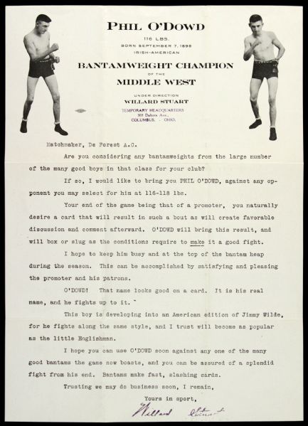 1920s Phil ODowd Bantamweight Champion Letter from Promoter Willard Stuart w/ Original Envelope