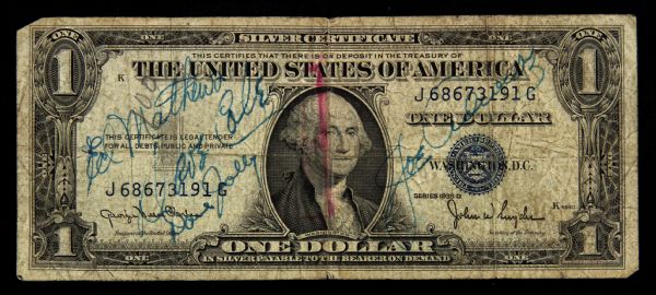 1950s Eddie Mathews Dave Jolly Joe Adcock Dave Cole Milwaukee Braves Signed 1935 Dollar Bill (JSA)