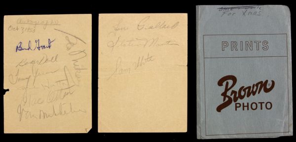1950 Minneapolis Lakers Signed 3.5" x 5" Sheet - Lot of 2 w/ 10 Signatures Including George Mikan, Vern Mikkelsen, Bud Grant & More (JSA)