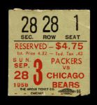 1958 Green Bay Packers vs. Chicago Bears Lambeau Field Ticket Stub - First Ever Game at Lambeau for Ray Nitschke, Jim Taylor & Jerry Kramer