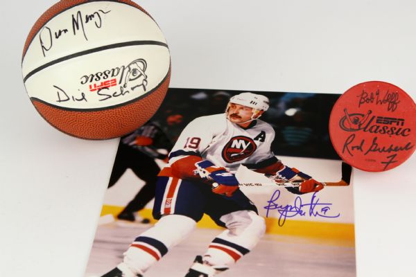 1990s circa Bryan Trottier Islanders Signed photo Dean Meminger Dick Schaap signed basketball Bob Wolff Rod Gibert Signed Hockey puck - Lot of Three (JSA)