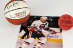 1990s circa Bryan Trottier Islanders Signed photo Dean Meminger Dick Schaap signed basketball Bob Wolff Rod Gibert Signed Hockey puck - Lot of Three (JSA)