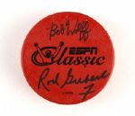 1990's circa Bryan Trottier Islanders Signed photo Dean Meminger Dick Schaap signed basketball Bob Wolff Rod Gibert Signed Hockey puck - Lot of Three (JSA)