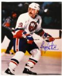 1990's circa Bryan Trottier Islanders Signed photo Dean Meminger Dick Schaap signed basketball Bob Wolff Rod Gibert Signed Hockey puck - Lot of Three (JSA)