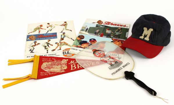 1950s-60s Milwaukee Braves Collection Hat Pennant Scorecards Fan - Lot of Five