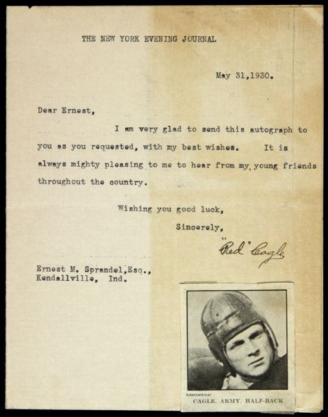 1930 New York Evening Journal Letter Signed by Chris "Red" Cagle Army Brooklyn Dodgers (JSA)