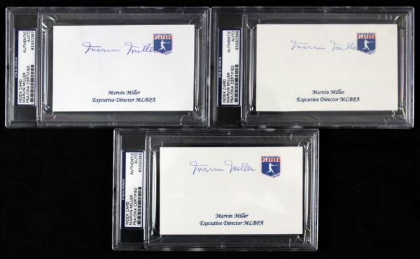 1966-82 Marvin Miller Executive Director MLBPA Signed Index Cards - Lot of Three (PSA/DNA)