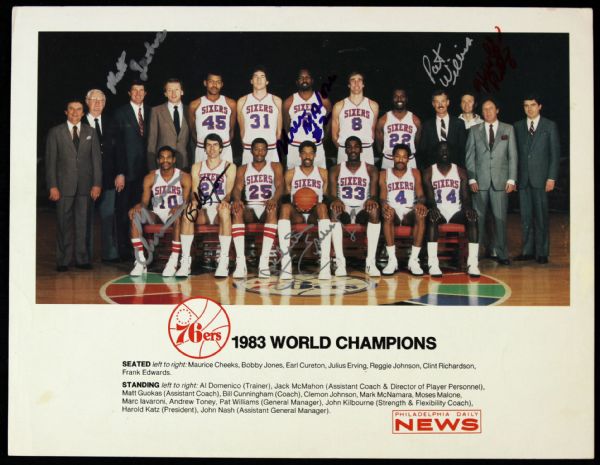 1983 Philadelphia 76ers Daily News World Champions Photo w/ Seven Signatures (Julius Erving, Moses Malone, Maurice Cheeks) JSA