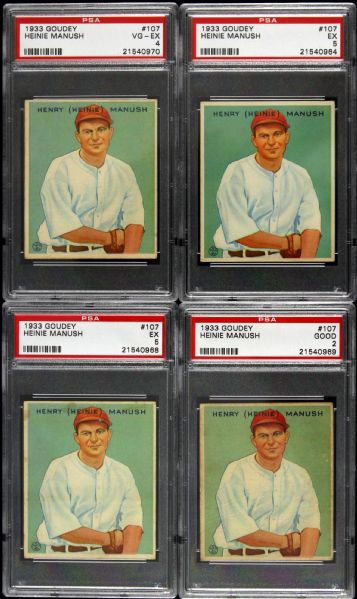 1933 Goudey #107 Henry "Heinie" Manush Washington Senators PSA Graded Cards - Lot of Four