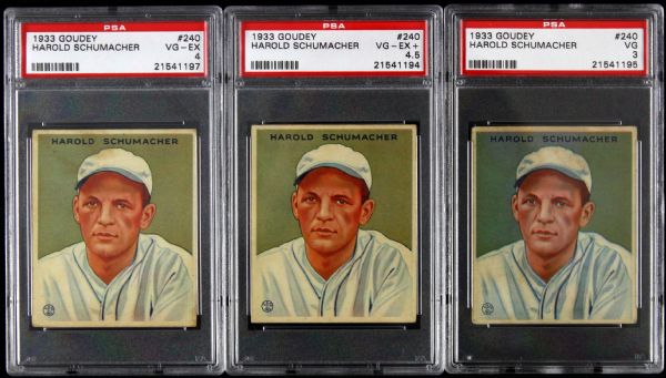 1933 Goudey Harold Schumacher New York Giants #240 Last Card in Set PSA Graded - Lot of Three
