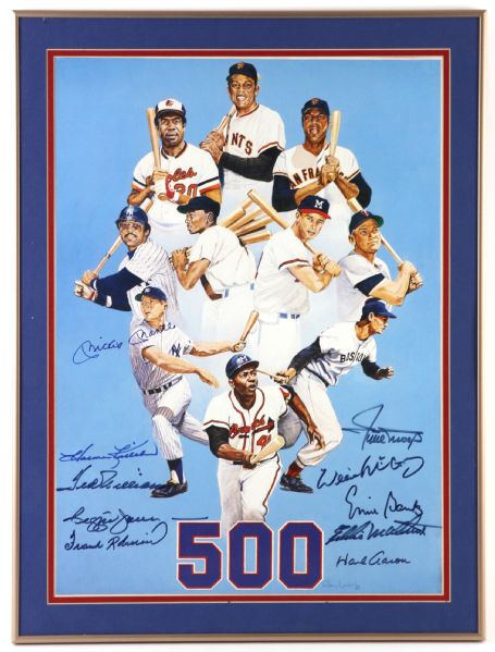 1980s 500 Home Run Club Multi Signed 18" x 24" Framed Ron Lewis Print w/ 10 Signatures Including Mantle, Mays, Williams & More (JSA)