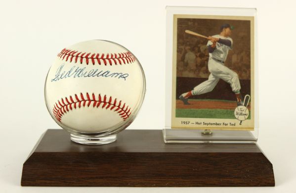 1984-94 Ted Williams Boston Red Sox Signed OAL Brown Baseball w/ Holder and Stand and 1959 Fleer Baseball Card (JSA)