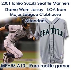 2001 Ichiro Suzuki Seattle Mariners Game Worn Road Jersey - Rookie year autograph (MEARS A10/JSA) ROY & MVP Season