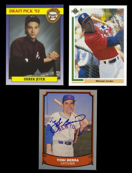 1988-92 Baseball Trading Card Collection - Lot of 3 w/ Yogi Berra Signed, Derek Jeter Front Row Promo & Michael Jordan Upper Deck