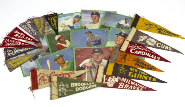1950s-60s Auravision Baseball Player Record Cards and Mini Pennant Collection - Lot of 25 