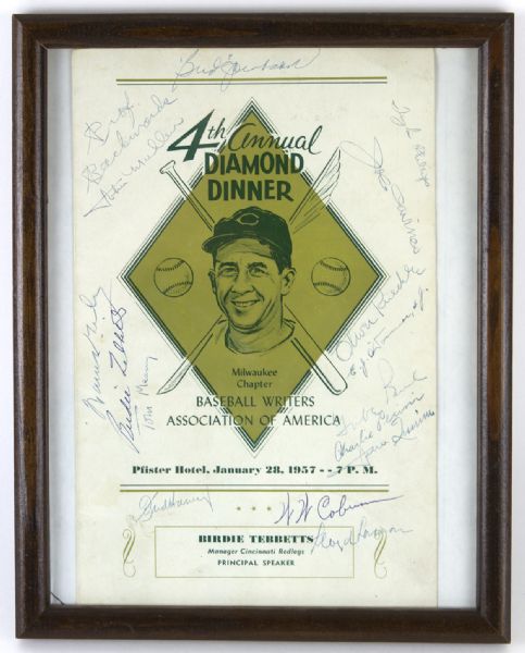 1957 Baseball Writers of America Milwaukee Chapter Multi-Signed 10" x 12" Framed 4th Annual Diamond Dinner Program w/ 16 Signatures Including Warren Giles, Birdie Tebbetts & More (JSA)