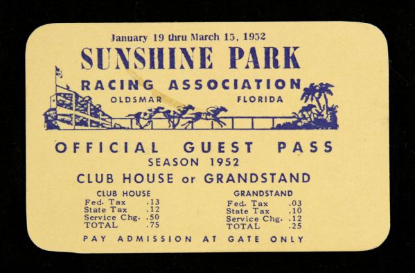 1952 Sunshine Park Racing Association Oldsmar Florida Season Guest Pass