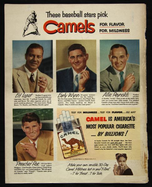 1952 Camel Cigarette Magazine Advertisement w/ Ed Lopat, Early Wynn, Allie Reynolds and Preacher Roe