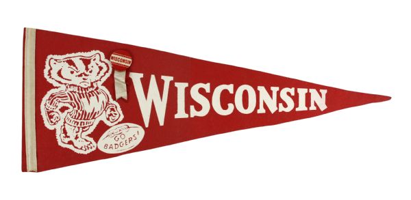 1960s-70s circa Wisconsin Badgers Full Size 29" Pennant & 1.5" Pinback Button w/ Red & White Ribbons