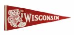 1960s-70s circa Wisconsin Badgers Full Size 29" Pennant & 1.5" Pinback Button w/ Red & White Ribbons