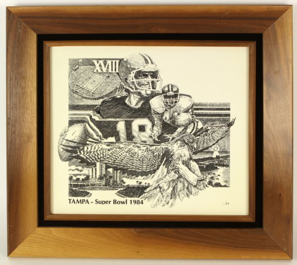 1984 Super Bowl XVIII Tampa Los Angeles Raiders Washington Redskins Framed Print Numbered 1/55 19" x 22" 